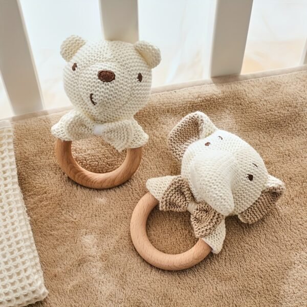 327d7b23-016e-4514-beec-4f72aa1c2f48.jpg Beige Crochet Elephant Baby Rattle Teething Toy Soft Handheld Bow Tie Bear Sensory Learning Toy
