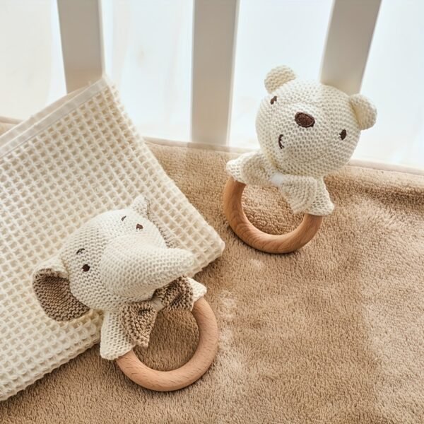 9257bdfb-9d90-41f9-b74e-6baff2c05bf6.jpg Beige Crochet Elephant Baby Rattle Teething Toy Soft Handheld Bow Tie Bear Sensory Learning Toy